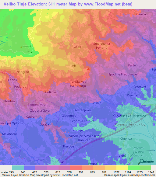 Veliko Tinje,Slovenia Elevation Map