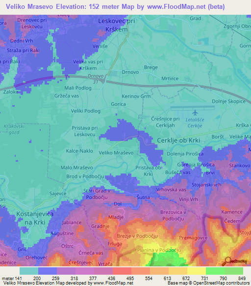 Veliko Mrasevo,Slovenia Elevation Map