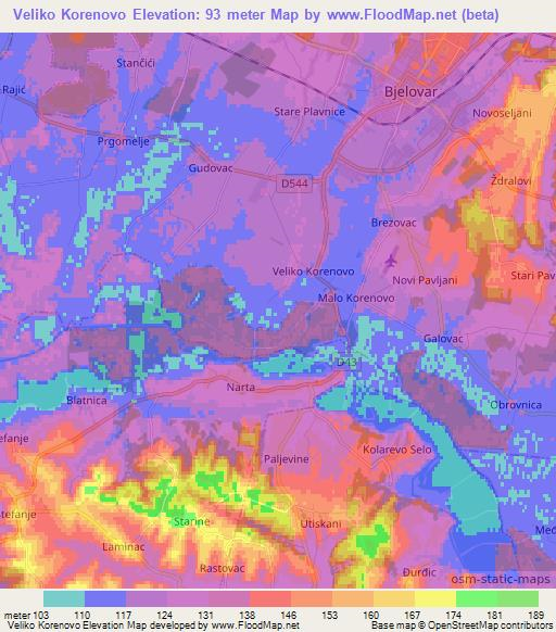 Veliko Korenovo,Croatia Elevation Map