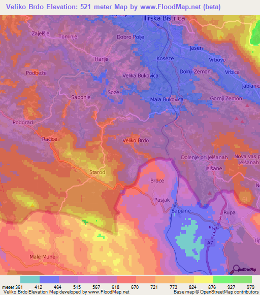 Veliko Brdo,Slovenia Elevation Map