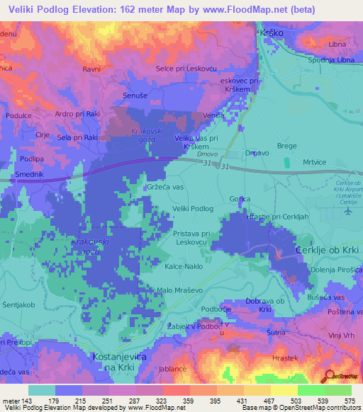 Veliki Podlog,Slovenia Elevation Map