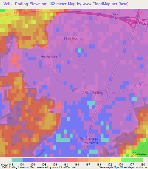 Veliki Podlog,Slovenia Elevation Map