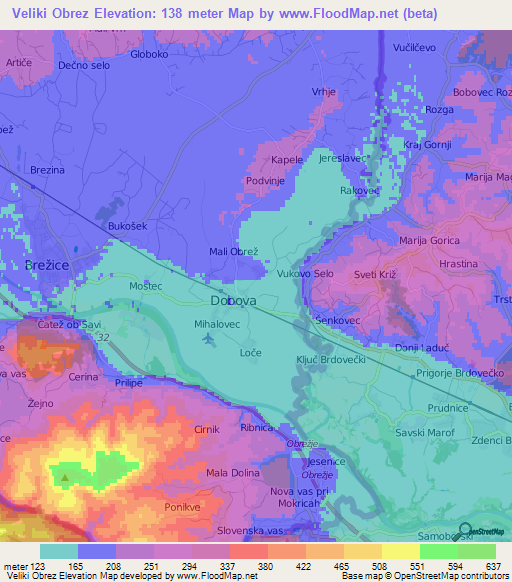 Veliki Obrez,Slovenia Elevation Map