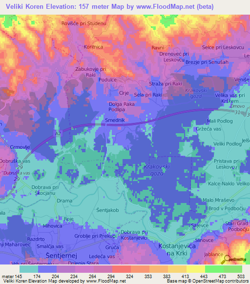 Veliki Koren,Slovenia Elevation Map