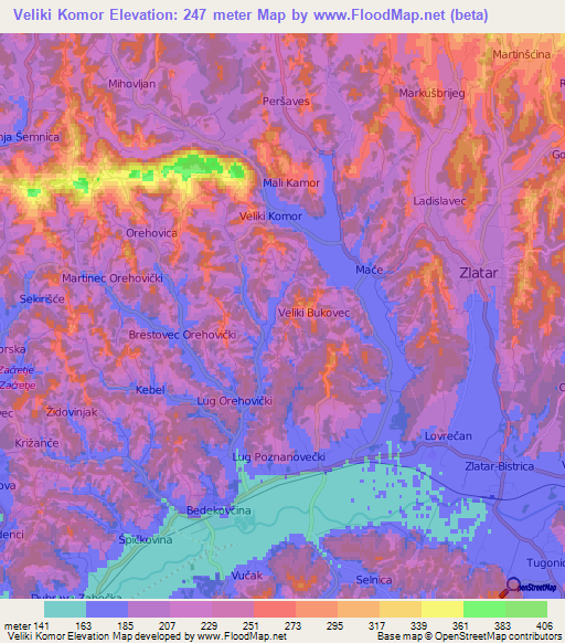 Veliki Komor,Croatia Elevation Map