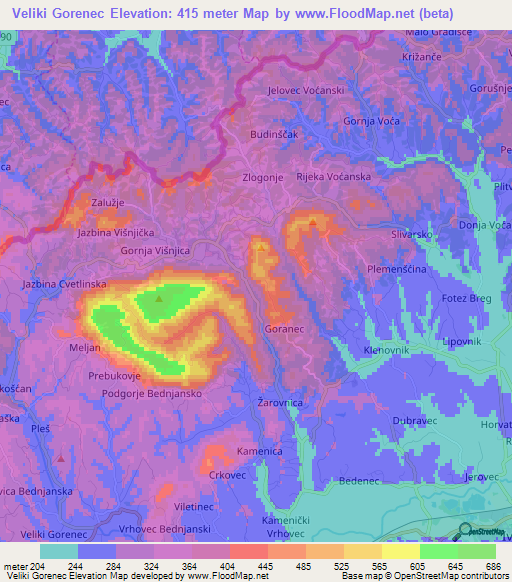 Veliki Gorenec,Croatia Elevation Map