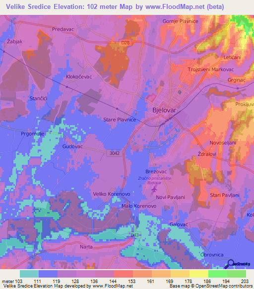 Velike Sredice,Croatia Elevation Map