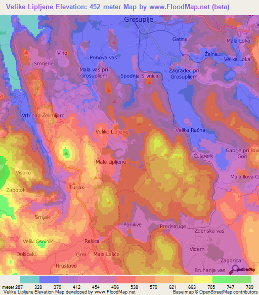 Velike Lipljene,Slovenia Elevation Map