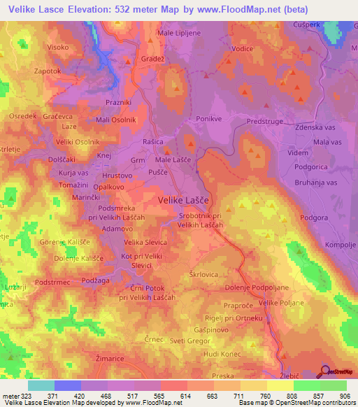 Velike Lasce,Slovenia Elevation Map