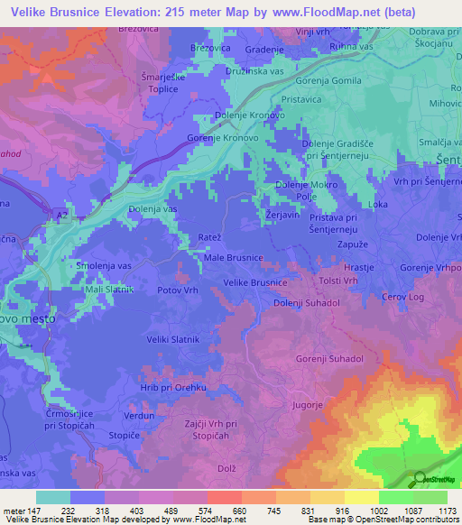 Velike Brusnice,Slovenia Elevation Map