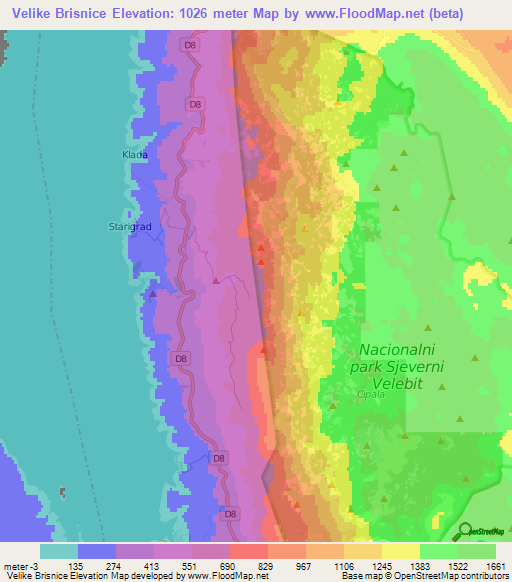 Velike Brisnice,Croatia Elevation Map