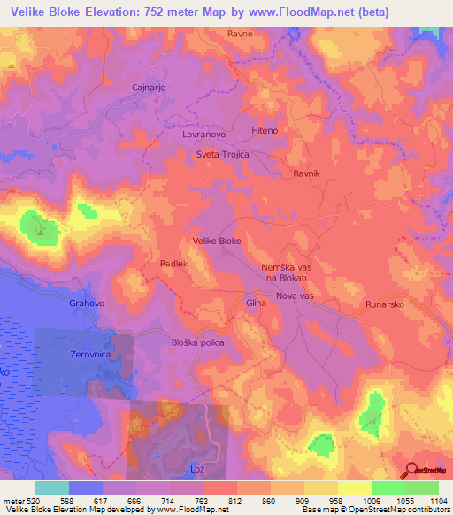 Velike Bloke,Slovenia Elevation Map