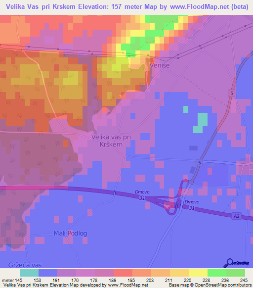 Velika Vas pri Krskem,Slovenia Elevation Map
