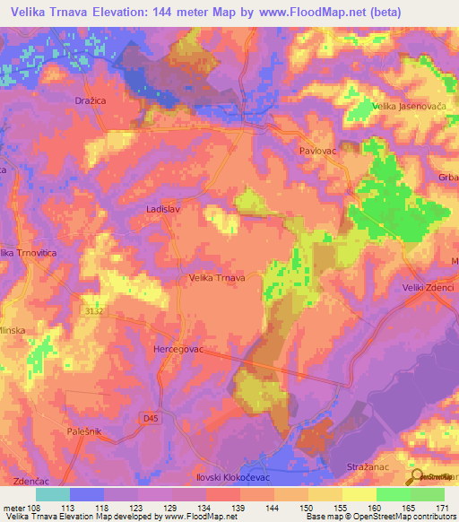 Velika Trnava,Croatia Elevation Map