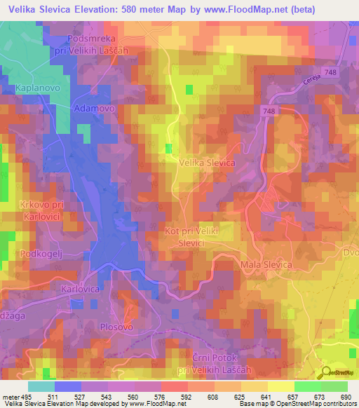 Velika Slevica,Slovenia Elevation Map