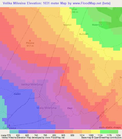 Velika Milesina,Croatia Elevation Map