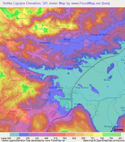 Velika Ligojna,Slovenia Elevation Map