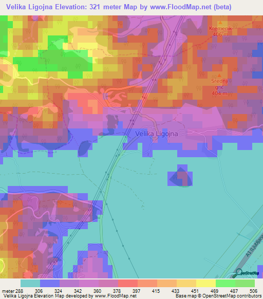 Velika Ligojna,Slovenia Elevation Map