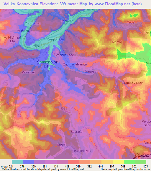 Velika Kostrevnica,Slovenia Elevation Map