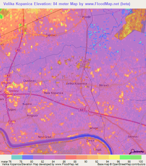 Velika Kopanica,Croatia Elevation Map