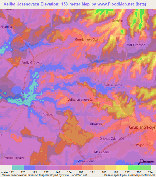 Velika Jasenovaca,Croatia Elevation Map