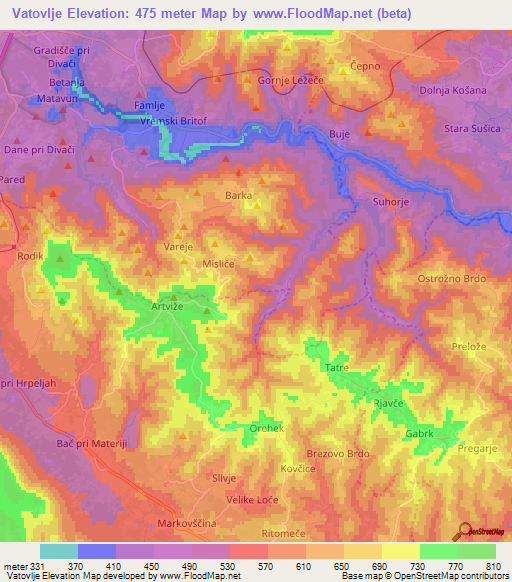 Vatovlje,Slovenia Elevation Map