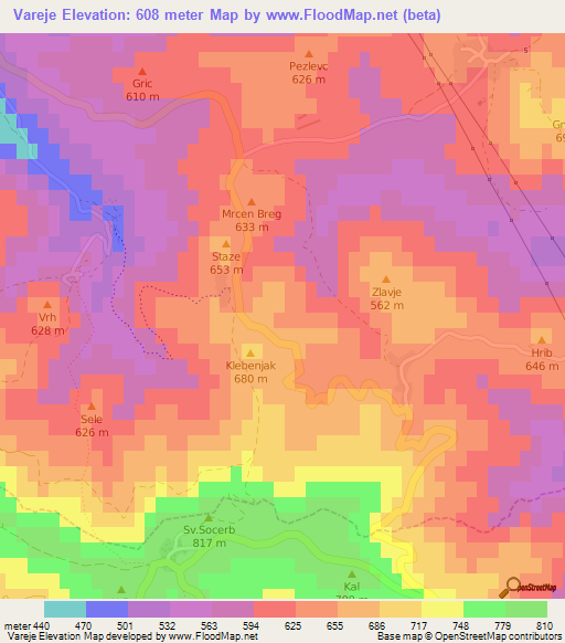 Vareje,Slovenia Elevation Map