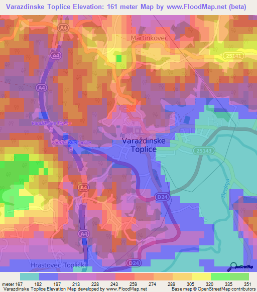 Varazdinske Toplice,Croatia Elevation Map