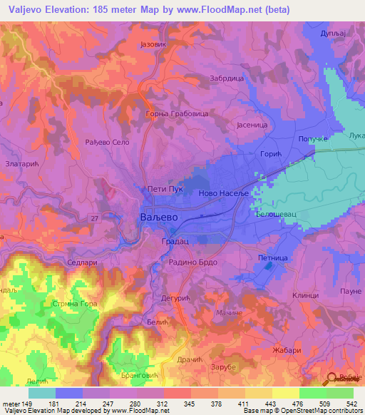 Valjevo,Serbia Elevation Map