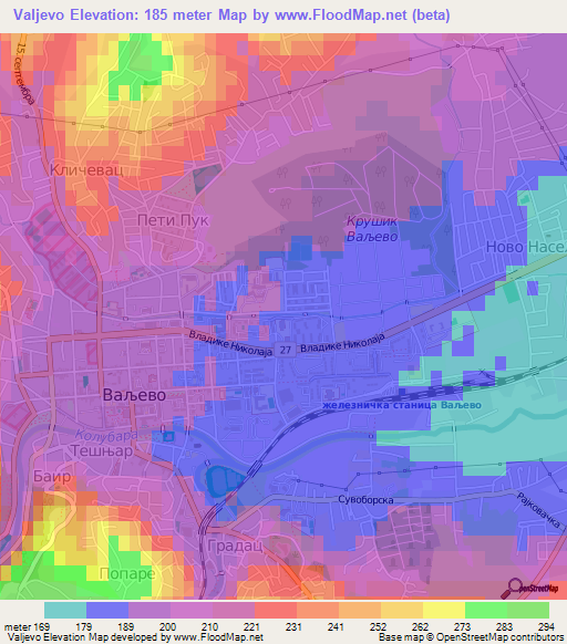 Valjevo,Serbia Elevation Map