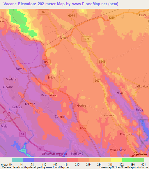 Vacane,Croatia Elevation Map