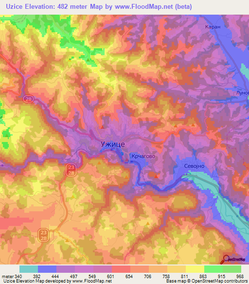 Uzice,Serbia Elevation Map