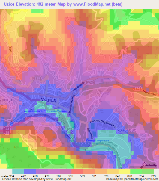 Uzice,Serbia Elevation Map