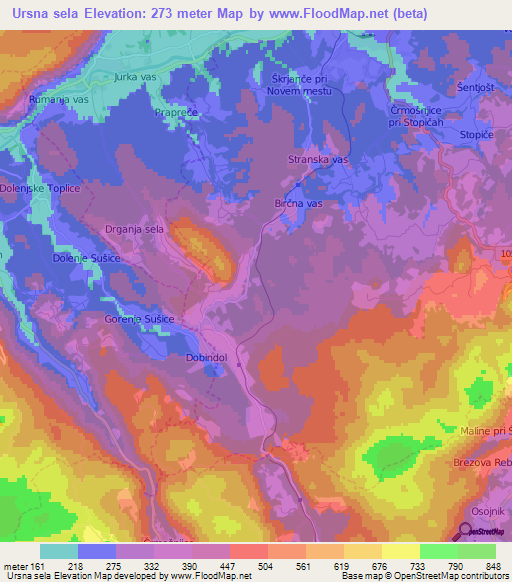 Ursna sela,Slovenia Elevation Map