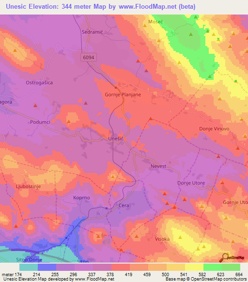 Unesic,Croatia Elevation Map