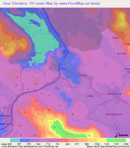 Unec,Slovenia Elevation Map