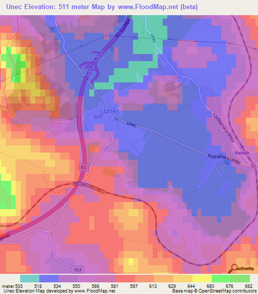 Unec,Slovenia Elevation Map