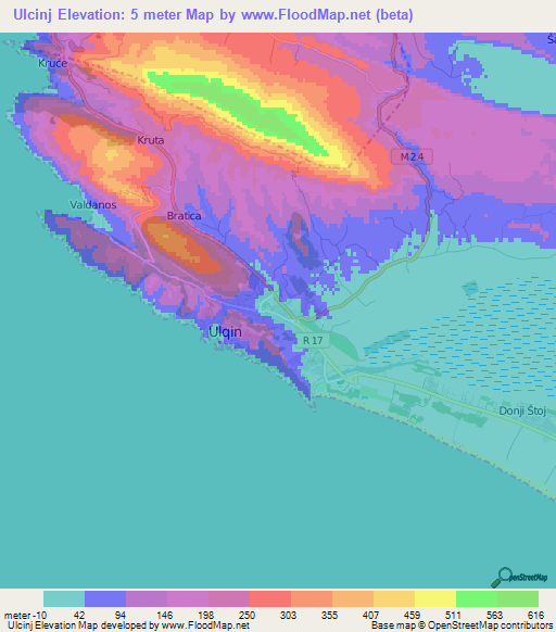 Ulcinj,Montenegro Elevation Map