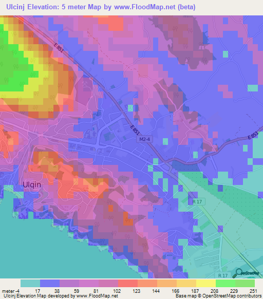 Ulcinj,Montenegro Elevation Map