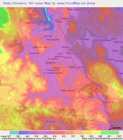 Ulaka,Slovenia Elevation Map