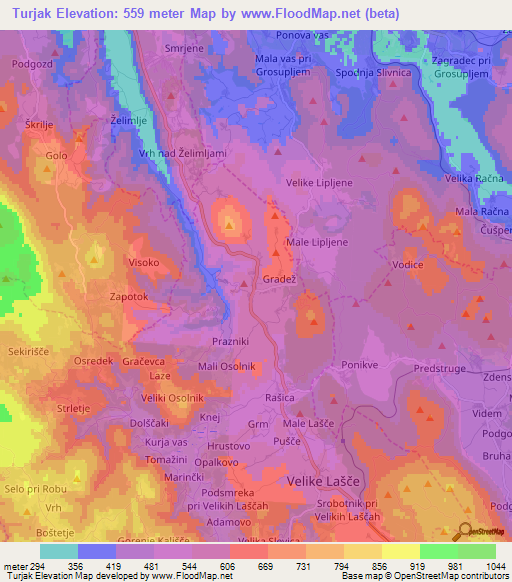 Turjak,Slovenia Elevation Map