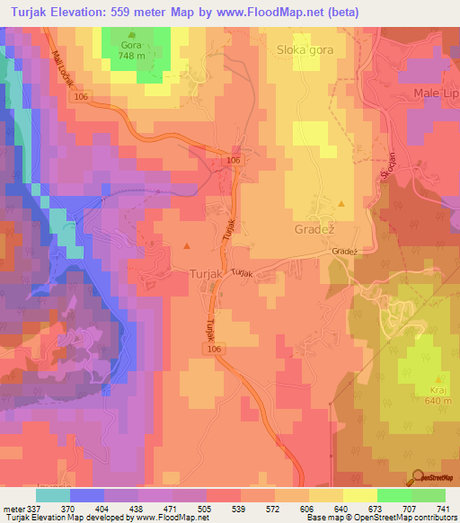 Turjak,Slovenia Elevation Map