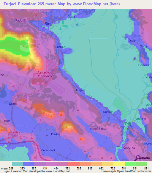 Turjaci,Croatia Elevation Map