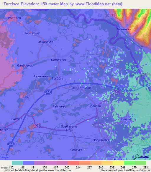 Turcisce,Croatia Elevation Map