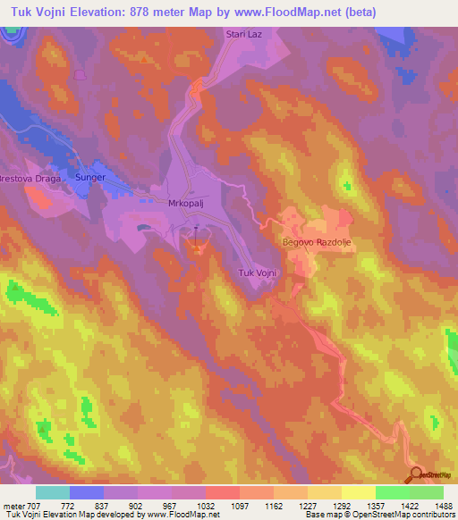 Tuk Vojni,Croatia Elevation Map