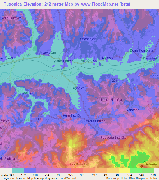 Tugonica,Croatia Elevation Map