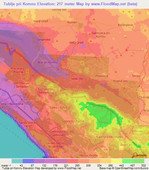 Tublje pri Komnu,Slovenia Elevation Map