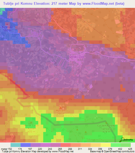 Tublje pri Komnu,Slovenia Elevation Map