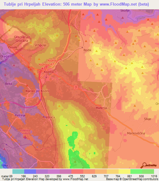 Tublje pri Hrpeljah,Slovenia Elevation Map