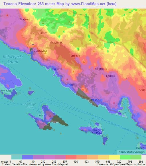 Trsteno,Croatia Elevation Map